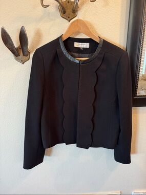 Tahari Black Scalloped Front Blazer with Faux Leather Trim